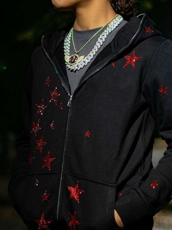 Übergroßer Kapuzenpullover mit Stern-Strass-Print und Reißverschluss für Herren-2