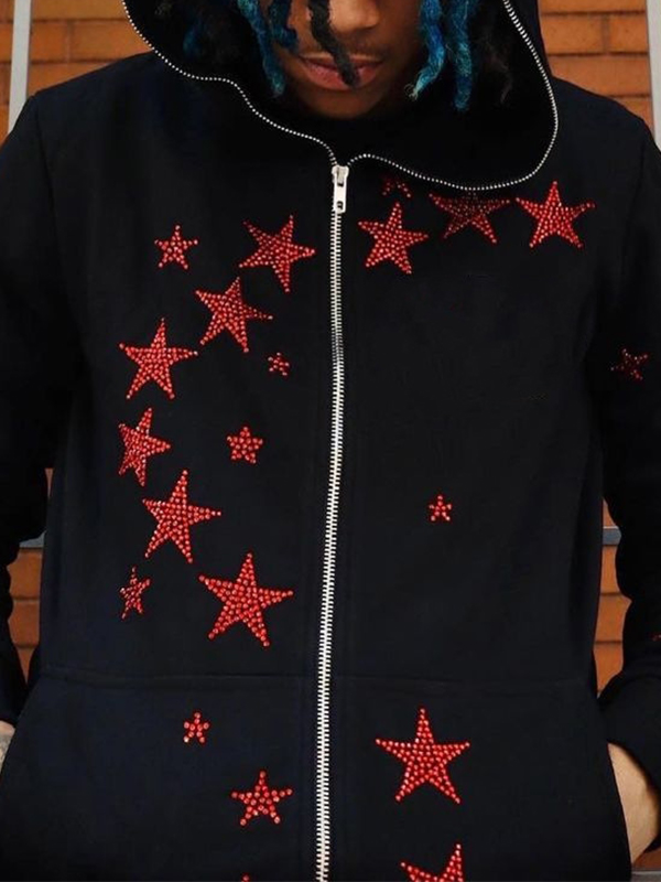 Übergroßer Kapuzenpullover mit Stern-Strass-Print und Reißverschluss für Herren-1